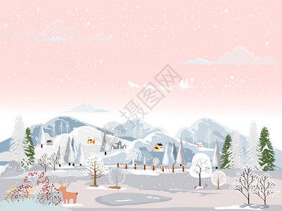 快乐的圣诞夜冬季风景小村庄山上有房子圣雪橇和驯鹿在山上飞过天空下雪降横幅的冬季奇幻乐园矢量假期森林图片