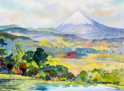 商业假期艺术富士山和湖日本春季节的山脉水彩色绘画地貌图案亚洲著名的标志建筑学亚洲图片