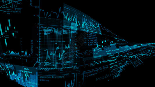 插图投资显示趋势和股票市场波动的电子虚拟平台显示趋势与股票市场波动的电子虚拟平台展示股价指数在虚拟空间的3D状况街道图片