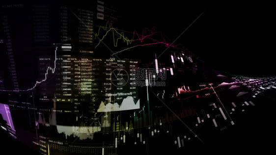 货币统计显示趋势和股票市场波动的电子虚拟平台显示趋势与股票市场波动的电子虚拟平台展示股价指数在虚拟空间的3D状况电脑图片