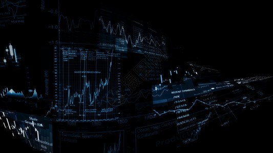 利润虚拟的电脑显示趋势和股票市场波动的电子虚拟平台显示趋势与股票市场波动的电子虚拟平台展示股价指数在虚拟空间的3D状况图片