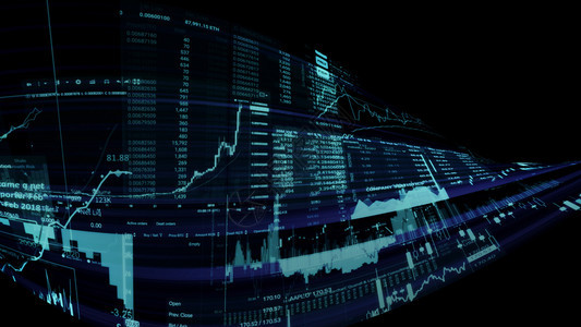街道显示趋势和股票市场波动的电子虚拟平台显示趋势与股票市场波动的电子虚拟平台展示股价指数在虚拟空间的3D状况索引插图图片