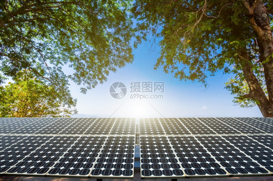 技术节省自然绿树叶框架色清洁替代能源概念带有光伏太阳能电池板以观景蓝天空背绿色清洁替代电力图片