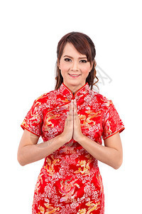 保佑客人愉快亚裔女孩用传统文问候欢迎来宾把手掌放在一起敬礼的新年泰海图片