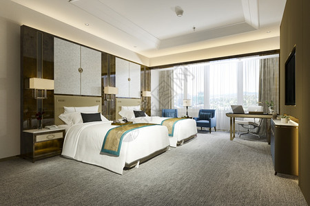 电视公寓闲暇3d提供豪华卧室套房在度假胜地高楼酒店配有双床的图片