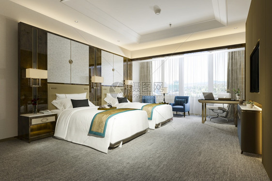 电视公寓闲暇3d提供豪华卧室套房在度假胜地高楼酒店配有双床的图片