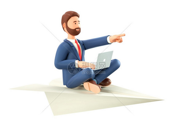 3D举个三维插图用笔记本电脑在一架大型纸机上飞着的胡须创意男子卡通微笑着的商人身穿瑜伽莲花姿势手牵向前看白背景被孤立动机营销男图片
