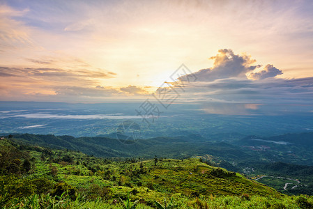 日出时泰国PhuThapBerk的菲沙本省著名旅游景点PhuBerk在月光下登上山顶的多彩天空中高视美丽的自然景观森林黄色的场景图片