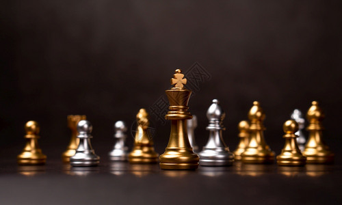 战斗勇敢的金象棋王站在其他旁一个领袖的概念必须在竞争领导才能和商业愿景方面有勇气和挑战以赢得商业游戏的胜利一名领导人的概念必须具图片