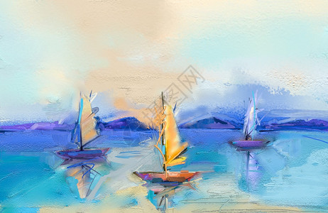 海浪艺术的帆布绘画图纸上的多彩油画描绘海景的印刷主义形象有阳光背景还现代美术油画和船只海上帆当代艺术作为背景图片