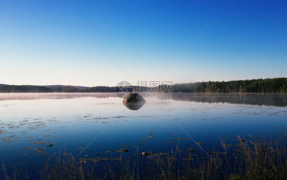 寒冷的薄雾夏日清晨反映在北部森林湖边在清晰蓝天下镜光水中的大石头巨岩岛自然背景有复制空间选择地聚焦Karelia俄罗斯阳光安详图片