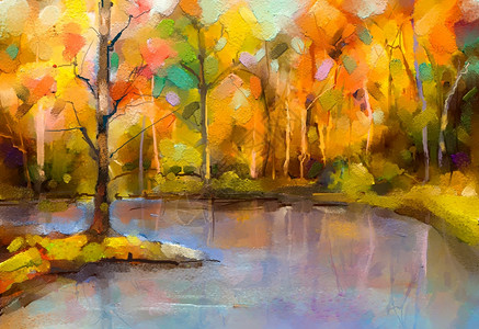 艺术刷子手半抽象的森林图黄红叶和秋季自然背景画的印刷师户外风景图片