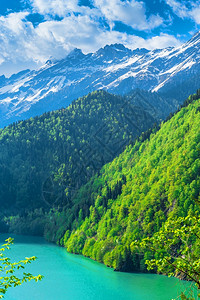 硗碛湖旅游高加索山脉美丽的里察湖青山丘陵蓝天白云春风景高加索山脉美丽的里察湖春天风景观吸引力背景