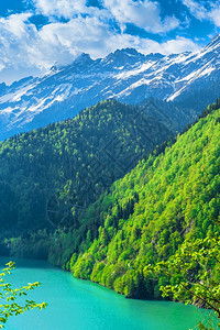 旅游高加索山脉美丽的里察湖青山丘陵蓝天白云春风景高加索山脉美丽的里察湖春天风景观吸引力图片