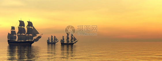 三艘美丽的旧商船在日落时光的宁静水面上漂浮旧商船3DRender经过运输古老的图片
