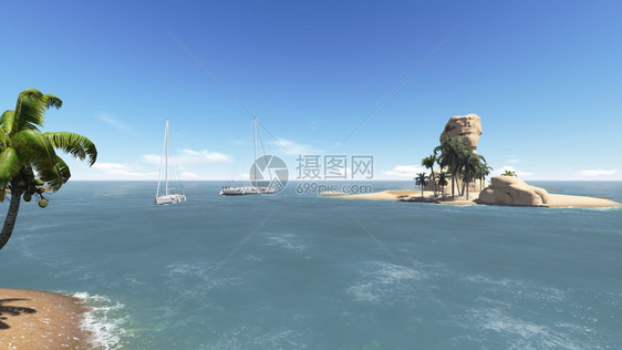 海滩以3D软件制作的游艇热带风景和马尔代夫海岸图片