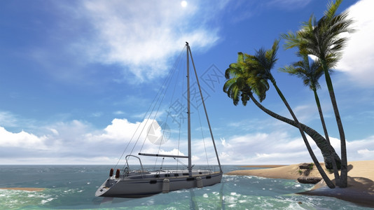 松弛水以3D软件制作的游艇热带风景和马尔代夫图片