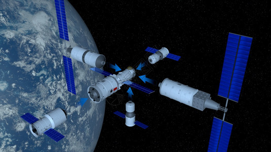 插图显示天宫三号空间站的模块蓝色箭头指向与天河核心模块的耦合方向地球在黑色空间后面星背景3D插图天宫三号空间站模块蓝色箭头指向与图片