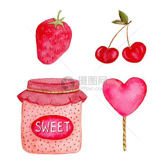 带有草莓樱桃糖果和酱的水彩系列用于标签贴纸或贺卡的独立糖果设计元素夏季版画设计带有草莓贴纸或贺卡的独立糖果设计元素夏季版画设计健图片