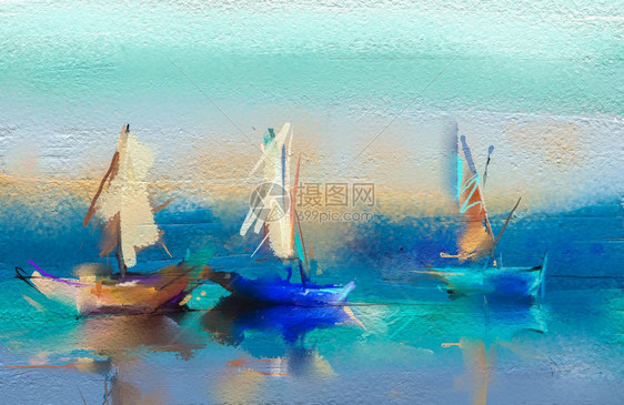 颜色帆布绘画图纸上的多彩油画描绘海景的印刷主义形象有阳光背景还现代美术油画和船只海上帆当代艺术作为背景了图片