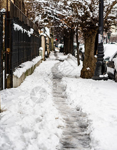 街道人们在清晨的阳光下走着大雪冬概念中的路漫过早晨的积雪之路在清晨的明光下雪布加勒斯特风景优美图片