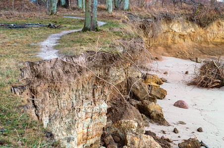木制的公园夏天破坏海岸暴风雨后土壤崩瓦解风暴后土壤坍塌海岸被摧毁以及破坏海洋的岸包括图片
