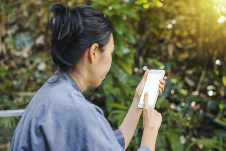 一名妇女在家里用智能手机在沙发上购物使用并屏幕来验证身份概念以核实关于企业对肩的生意膀细胞年轻的图片