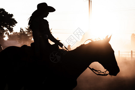 日落的太阳休谢马背上骑手古洛士罗德奥达斯地帝竞技场尘土飞扬晚上牛仔竞技表演图片
