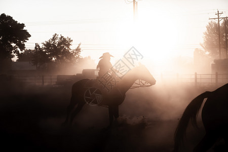 帽子尘土飞扬人类日落的太阳休谢马背上骑手古洛士罗德奥达斯地帝竞技场图片