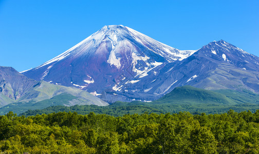 景观秋天在堪察加的阿瓦欣斯基火山季节树图片