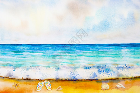 景观天气海滨波浪和配件鞋海星贝壳晨光的情绪暑假自然美季绘画插图复制空间等各种海洋滩波浪和附件鞋子清晨明亮的情感夏日自然美丽季节颜图片