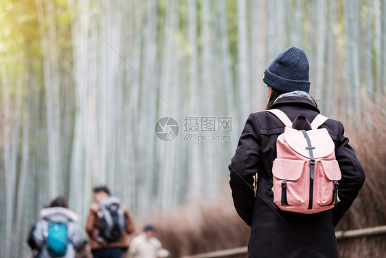 假期高的年轻女在日本京都旅游观光景点受欢迎的亚间旅游概念在日本京都旅游观光景点上寻找成野竹森林里程碑亚洲快乐旅行者Arashiy图片