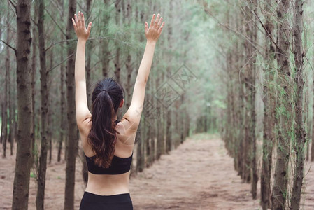 妇女在松木林中呼吸新鲜空气同时运用锻炼和生活方式概念享受生活和保健主题自然与户外主题闲暇运动员松林图片