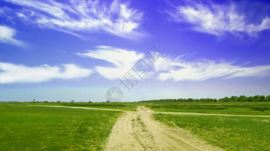追踪场地树草原带之间的农村沙土路草原上方美丽的云风艺术结构图案图片