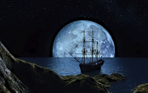 月光航行海满蓝的帆船3d渲染满蓝月的帆船图片