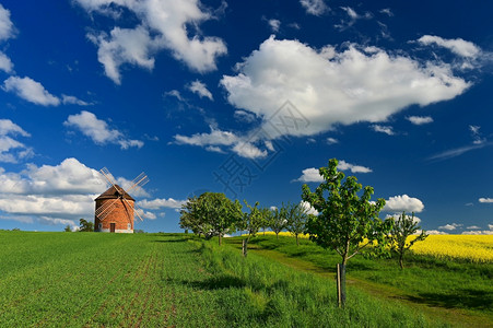 历史美丽的春天风景有蓝空太阳云和老风车捷克共国欧洲旅游户外图片