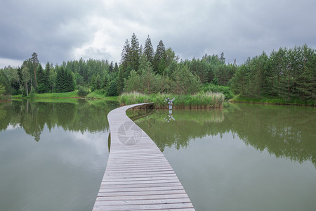 自由拉脱维亚阿马特西姆斯市Amatciems一个清洁的湖泊周围环绕着绿色自然娱乐区生态的图片
