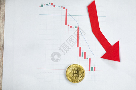 金融虚拟货币比特贬值汇率纸外图表背景上的红色箭头和金比特币阶梯加密货贬值的概念比特币指数评级白色背景与复制空间特写虚拟货币比特贬图片