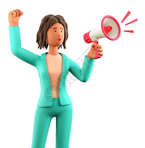 美国人套装沟通3D插图非洲女大喊叫举起在白背景上被孤立的手举起喇叭声将身着绿色西装的Cute漫画女商人举起来图片