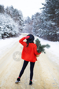 肖像一个穿着红色毛衣和帽子的女孩站在雪道中间松枝的森林里周末旅行穿着红色毛衣和帽子的女孩站在雪道中间松枝的森林里周末旅行一种圣诞图片