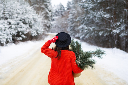 红色的年轻女士一个穿着红色毛衣和帽子的女孩站在雪道中间松枝的森林里周末旅行穿着红色毛衣和帽子的女孩站在雪道中间松枝的森林里图片