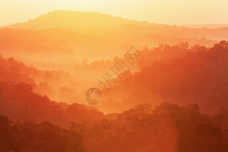 闪亮的温暖泰国清晨雾中美妙的秋山明亮日光照耀着秋天森林和山脉在苏夫特焦点的背景之下图片