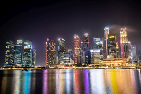 办公室码头新加坡市中心商业区城景色在夜里明娜湾的天际线市区和摩天大楼黄昏景观图片