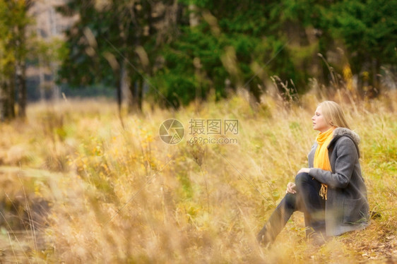 天感的秋林河岸上坐着美丽的金发女孩湖图片
