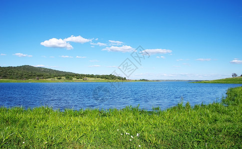 河葡萄牙蒙萨拉兹村附近的Alqueva湖场地乡村的图片