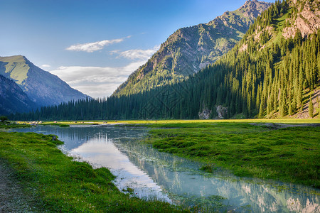 远足湖旅游山上有着美丽的鲜青绿山牧场有反射和森林的河流TerskeyAlatoo山TianShanKarakol吉尔斯坦图片