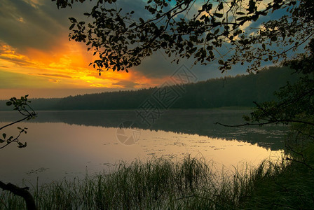 水平的早晨充满活力在森林的湖面有红黄黎明夏天太阳升起的美丽颜色覆盖着细微的乌云波兰方圆风景图片