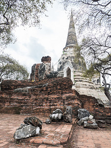 教科文组织在历史公园古老大塔前的佛像泰国Ayutthaya的废墟中哪一个王国图片