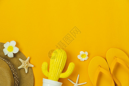 夏天时尚庆典服装妇女从属表顶端视图她们计划在暑假旅行时使用夏日背景概念时装附属物品仙人掌拖鞋帽和鲜花在现代生锈黄色纸上复制空间图片