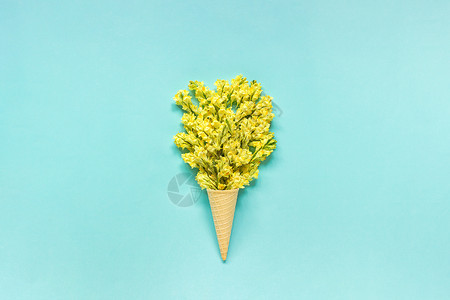 刻字艺术蓝纸背景上华夫饼冰淇淋锥中的黄色野花Linaria复制空间模板用于明信片字母文本或您的设计平躺顶视图概念你好夏天黄色野花图片